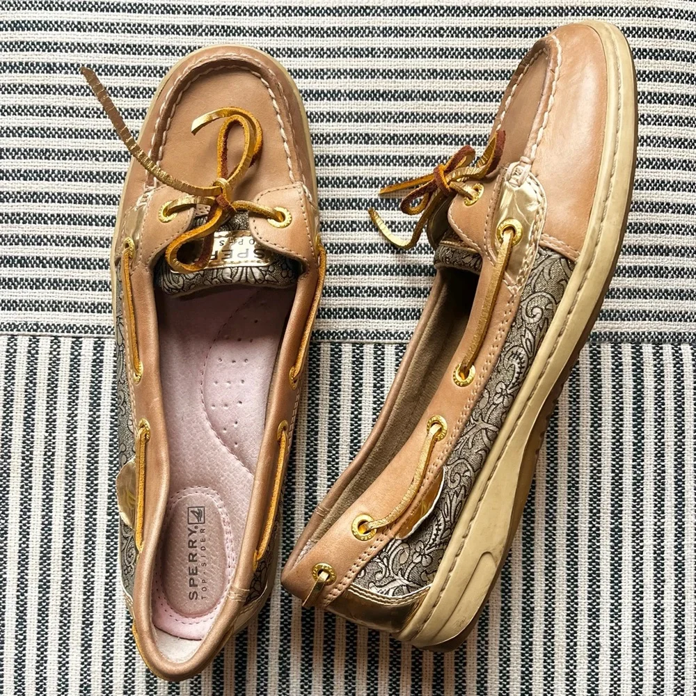 8.5 Sperry Top Sider Angel Fish Leather Loafers Metallic Detail Boat Shoes
